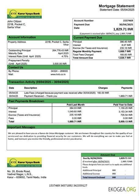 Inde Karur Vysya Bank relevé hypothécaire Modèle Word et PDF